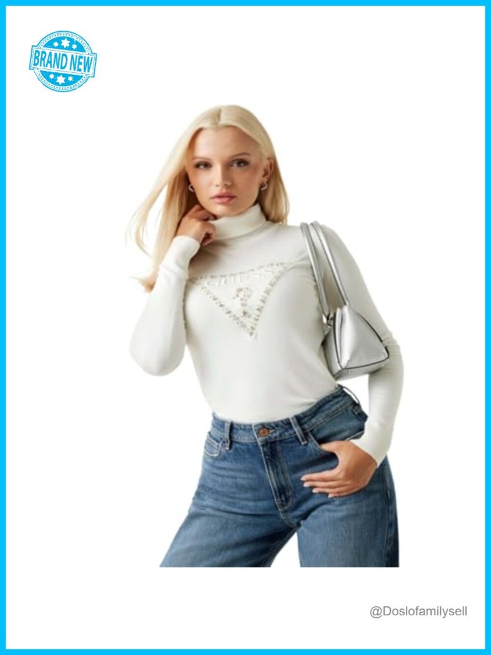 Women's Eco Long Sleeve Turtleneck Sweater Embroidered Beaded Logo